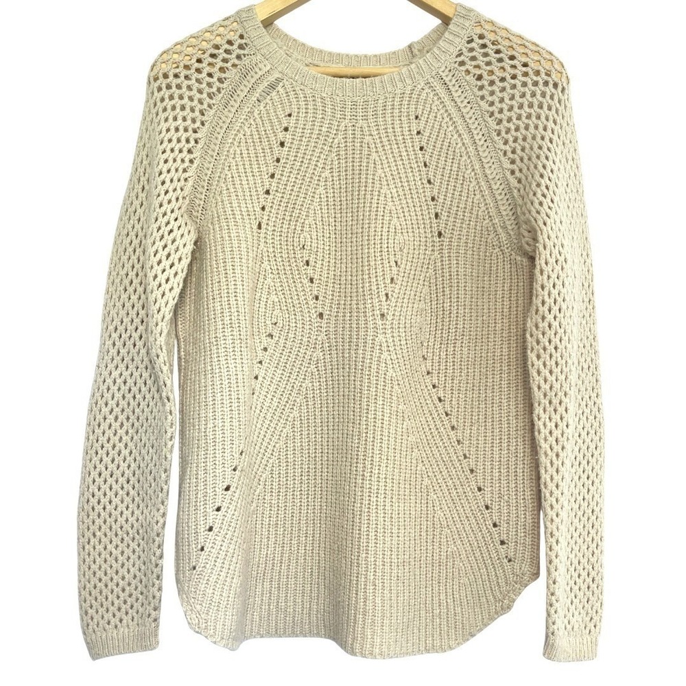 Rebecca Taylor Wool‎ Cashmere Fisherman Sweater Womens M Cream Soft Crochet Knit